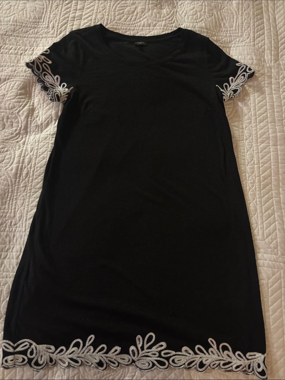 Talbots Black Short Sleeve Shift Dress with Ivory Lace Accents
